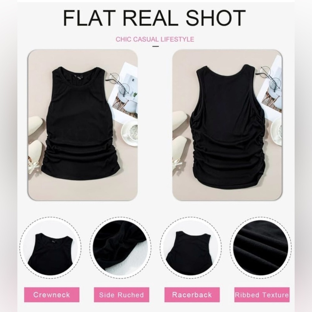 Dokotoo Womens Tank Top Sleeveless High Neck Ribbed Knit Blouse Side Ruched - Picture 3 of 7